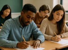 jovens concentrados realizando uma prova em sala de aula, com luz natural suave e ambiente realista