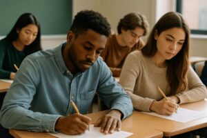 jovens concentrados realizando uma prova em sala de aula, com luz natural suave e ambiente realista