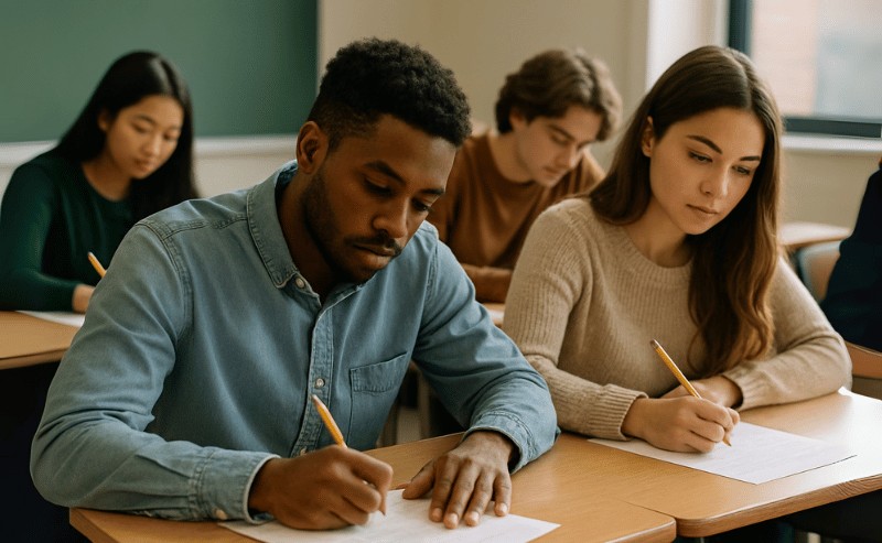 jovens concentrados realizando uma prova em sala de aula, com luz natural suave e ambiente realista