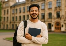 Um jovem sorridente em frente a uma universidade no exterior, segurando um caderno e usando mochila, com arquitetura clássica ao fundo e iluminação suave natural