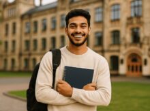 Um jovem sorridente em frente a uma universidade no exterior, segurando um caderno e usando mochila, com arquitetura clássica ao fundo e iluminação suave natural