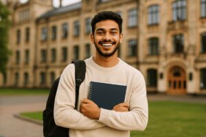 Um jovem sorridente em frente a uma universidade no exterior, segurando um caderno e usando mochila, com arquitetura clássica ao fundo e iluminação suave natural