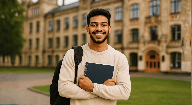 Um jovem sorridente em frente a uma universidade no exterior, segurando um caderno e usando mochila, com arquitetura clássica ao fundo e iluminação suave natural