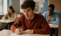 Jovem escrevendo uma prova em sala de aula, com expressão focada e ambiente educacional realista
