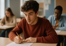 Jovem escrevendo uma prova em sala de aula, com expressão focada e ambiente educacional realista