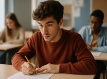Jovem escrevendo uma prova em sala de aula, com expressão focada e ambiente educacional realista