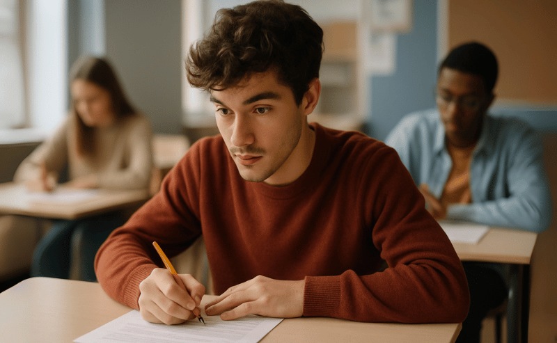 Jovem escrevendo uma prova em sala de aula, com expressão focada e ambiente educacional realista