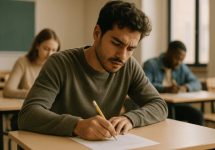 Pessoa concentrada fazendo uma prova em uma sala de aula iluminada naturalmente, com outros alunos ao fundo, transmitindo foco e ambiente educacional realista