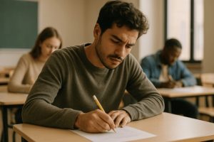 Pessoa concentrada fazendo uma prova em uma sala de aula iluminada naturalmente, com outros alunos ao fundo, transmitindo foco e ambiente educacional realista