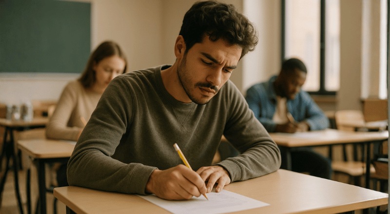 Pessoa concentrada fazendo uma prova em uma sala de aula iluminada naturalmente, com outros alunos ao fundo, transmitindo foco e ambiente educacional realista