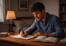 Uma pessoa estudando em seu quarto, sentada à mesa, concentrada em escrever enquanto consulta um livro aberto, com iluminação suave e ambiente organizado que transmite foco e tranquilidade