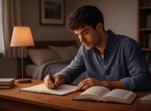 Uma pessoa estudando em seu quarto, sentada à mesa, concentrada em escrever enquanto consulta um livro aberto, com iluminação suave e ambiente organizado que transmite foco e tranquilidade