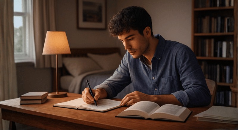 Uma pessoa estudando em seu quarto, sentada à mesa, concentrada em escrever enquanto consulta um livro aberto, com iluminação suave e ambiente organizado que transmite foco e tranquilidade