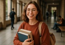 Uma pessoa sorridente segura seus livros em um corredor de faculdade, com iluminação suave e ambiente acadêmico ao fundo, transmitindo leveza e motivação aos leitores