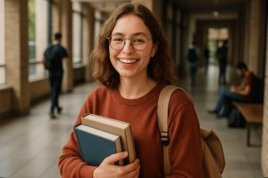 Uma pessoa sorridente segura seus livros em um corredor de faculdade, com iluminação suave e ambiente acadêmico ao fundo, transmitindo leveza e motivação aos leitores