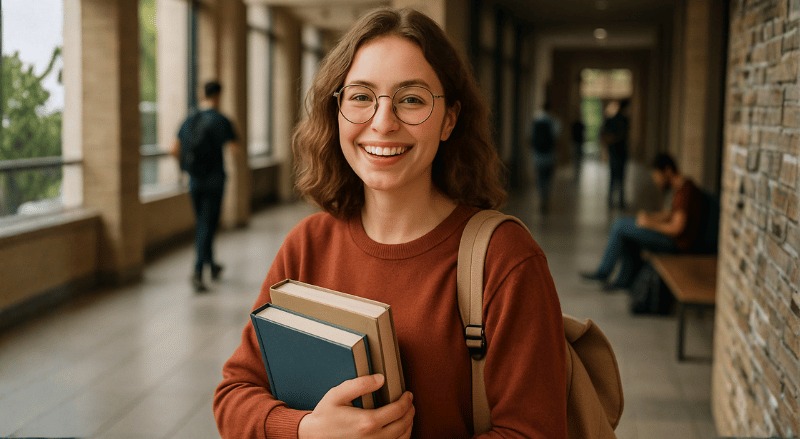 Uma pessoa sorridente segura seus livros em um corredor de faculdade, com iluminação suave e ambiente acadêmico ao fundo, transmitindo leveza e motivação aos leitores