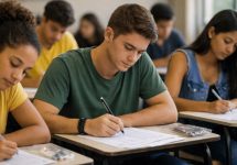 A imagem mostra vários estudantes do ensino médio concentrados realizando o Enem em uma sala de aula iluminada por luz natural