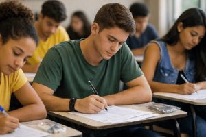 A imagem mostra vários estudantes do ensino médio concentrados realizando o Enem em uma sala de aula iluminada por luz natural