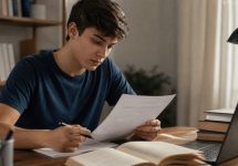 Estudante concentrado analisando uma prova já realizada em casa, sentado à mesa com livros e caderno, em um ambiente iluminado de forma natural e com atmosfera tranquila.