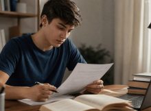 Estudante concentrado analisando uma prova já realizada em casa, sentado à mesa com livros e caderno, em um ambiente iluminado de forma natural e com atmosfera tranquila.