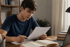 Estudante concentrado analisando uma prova já realizada em casa, sentado à mesa com livros e caderno, em um ambiente iluminado de forma natural e com atmosfera tranquila.
