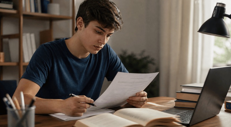 Estudante concentrado analisando uma prova já realizada em casa, sentado à mesa com livros e caderno, em um ambiente iluminado de forma natural e com atmosfera tranquila.