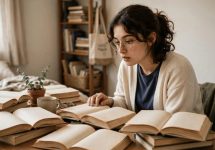 estudante concentrada no quarto com vários livros abertos sobre a mesa, luz natural suave e clima de estudo acolhedor