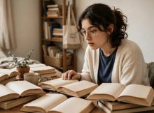 estudante concentrada no quarto com vários livros abertos sobre a mesa, luz natural suave e clima de estudo acolhedor