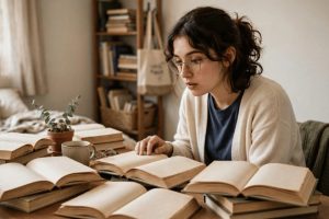 estudante concentrada no quarto com vários livros abertos sobre a mesa, luz natural suave e clima de estudo acolhedor