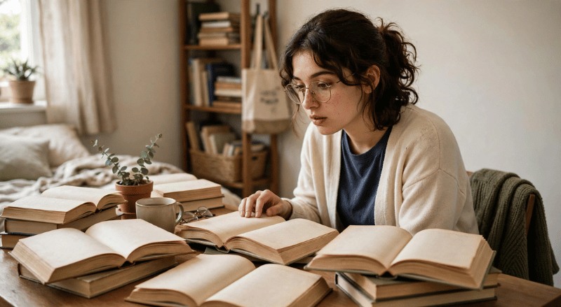 estudante concentrada no quarto com vários livros abertos sobre a mesa, luz natural suave e clima de estudo acolhedor
