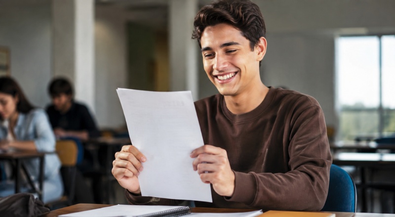 Um jovem estudante sorridente segura sua prova com expressão de felicidade e alívio após ser aprovado, em uma sala de aula iluminada naturalmente, com outros alunos ao fundo