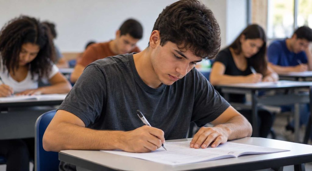 Jovem concentrado realizando uma prova em sala de aula, com outros estudantes ao fundo, em um ambiente realista e bem iluminado.Você gosta desta personalidade?