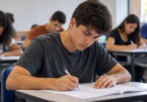 Jovem concentrado realizando uma prova em sala de aula, com outros estudantes ao fundo, em um ambiente realista e bem iluminado. Você gosta desta personalidade?